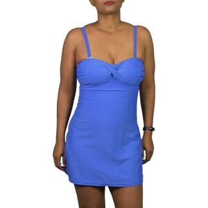 Coolibar Swimsuit Dress Blue UPF One Piece Swimsuit Solid Molded Cups Skirted 4